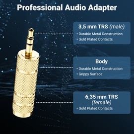 deleyCON Jack Adapter [Pack of 1] 3.5 mm to 6.35 mm - Stereo Audio Coupling - For Mobile Phones Smartphone Tablet PC Notebook Computer HiFi Receiver Amplifier Home Cinema TRS