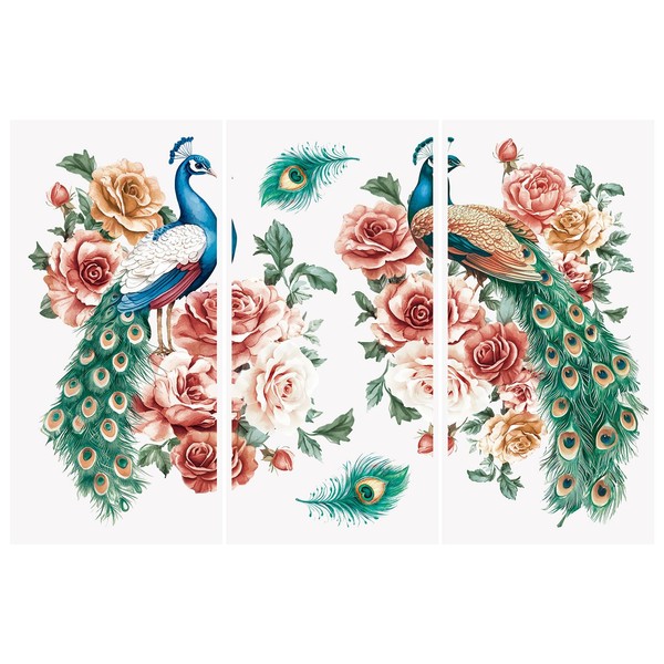 WANDIC 3 Pcs Rub on Transfer Stickers Peacock Pattern Decals