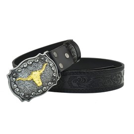 Western Cow Head Cowboy Print Carving Flower Retro Men Leather Belt, black