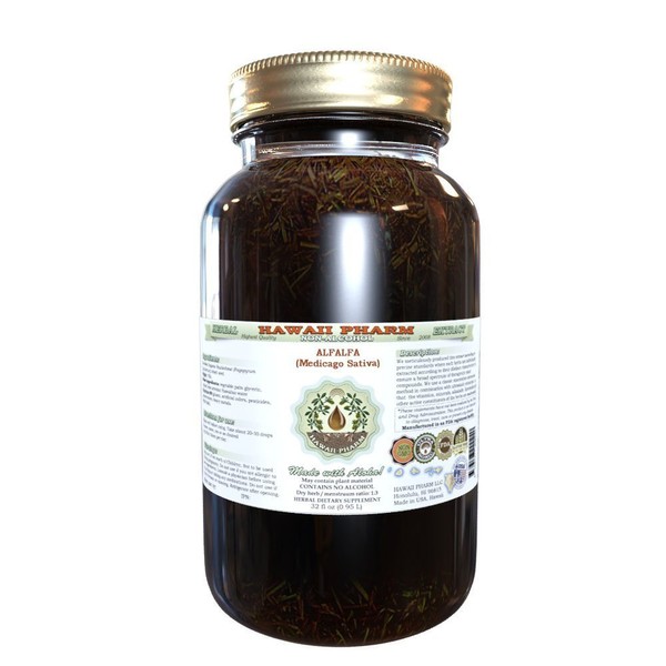 Alfalfa Alcohol-Free Liquid Extract, Organic Alfalfa (Medicago Sativa) Dried Leaf Glycerite Hawaii Pharm Natural Herbal Supplement 32 oz Unfiltered