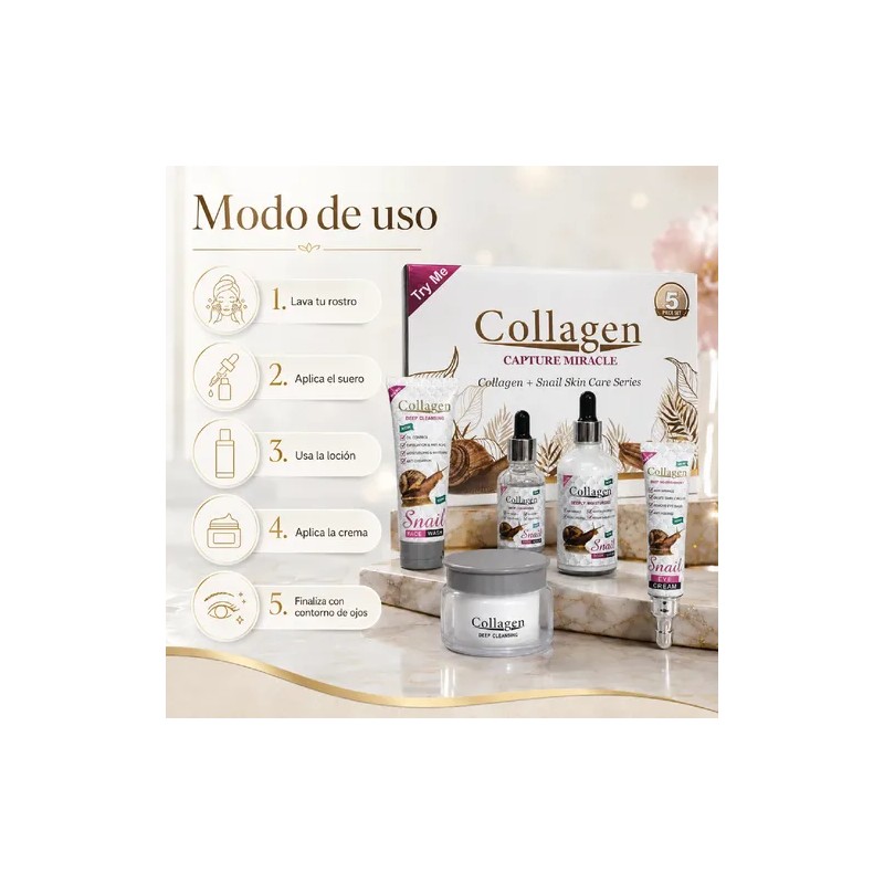 Crema Rejuvenecedora Colágeno, Baba Caracol, Hidrata Kit 5pz