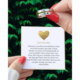 LANWLOSI Just Breathe Ring for Women Adjustable Heart Ring Hope Rings Silver Stainless Steel Encouragement Ring Spiral Wrap Healing Rings Heartfelt Inspirational Gifts for Women