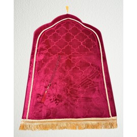 Plush Padded Muslim Prayer Mat with Tassels and Prayer Beads, Islamic Prayer Rug, 70x110cm (Maroon Red)
