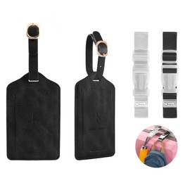 1 Pack Luggage Tag, PU Leather Suitcase Tags Identifiers Privacy Cover ID Label for Travel Bag Suitcase with 2 Pack Luggage Straps for Hats, Bags and Travel Accessories Clip(L-Black)