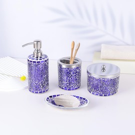 oliruim Purple Bathroom Accessory Set - Purple Mosaic Bathroom Decor 4-PCS Includes Soap Dispenser, Soap Dishes, Q Tip Dispenser, Toothbrush Holder, Luxury Home Bathroom Decor Gift (Purple)