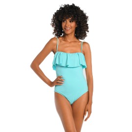 La Blanca Women's Island Goddess Ruffle Bandeau One Piece Swimsuit, Ice Blue, 8