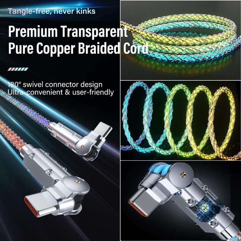 LED Light Up USB C Charging Cables 2Pack 5ft Rotating