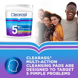 Clearasil 5-In-1 Multi-Action Cleansing Salicylic Acid Pads, Face Exfoliating For Acne Prone Skin, Unblock Pores, Reduces Blackheads, Pimples & Excess Oil, Everyday Spot Prevention, 65's (Pack Of 3)