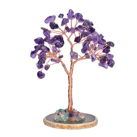 MATIRISE Healing Crystal Tree - Natural Crystals Stones Tree - Reiki Spiritual Energy Copper Wire Crystals Tree - Gemstone Agate Slice Amethyst Base - Home Office Desk Decor