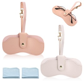 Wefaly Soft Glasses Case, Pack of 2, Portable Sunglasses Case for Women, Fashion Glasses Bag with 2 Glasses Cleaning Cloths, Soft PU Leather Glasses Case, Sunglasses for Hanging (Beige + Pink)