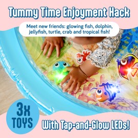 SplashEZ Lights Up Tummy Time Water Mat for Babies, 30" X-Large Baby Water Mat Tummy Time for Sensory Play with LED Glowing Fishes, Inflatable Fun Play Pad for Infants & Toddlers 3 to 36 mo