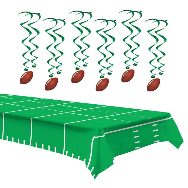 Football Party Supplies - Metallic Hanging Football Whirls and Green Football Field Table Cover With Yard Lines