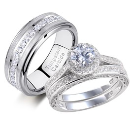Newshe Wedding Rings Set for Him and Her Women Mens Tungsten Bands Round Cz 3Ct Sterling Silver 5-13 (Men's Size 8 & Women's Size 7)