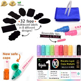Chalk Pens for Blackboard and Windows, Washable, 10 Pastel Colours, Chalk Markers, Ideal as Window Pens, Film Pens, Glass Colouring Pens, Blackboard Pens & Whiteboard Markers, Includes 32 Blackboard Labels, Tweezers & Cleaning Cloth