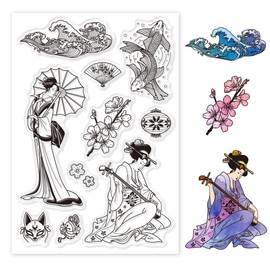 PH PandaHall Oriental Style Silicone Clear Stamps, Cherry Blossoms Rubber Stamp Ukiyo-e Silicone Stamp Transparent Stamps for Card Making Decoration and DIY Scrapbooking 6.3x4.3inch