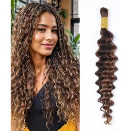 Sexycat Deep Curly Human Braiding Hair for Boho Braids 1 Bundles 14 Inch 50g，#4/30 Ombre Brown Water Wave Bulk Human Hair for Micro Braiding Wet and Wavy Bundles Hair Extensions