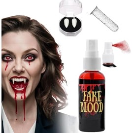 Maquillaje de Halloween Sangre Falsa + 15MM Dientes de Vampiro, Pintura Corporal Sangre Falsa Lavable para Cosplay Party Props Fiesta de Halloween Maquillaje de SFX Cosplay