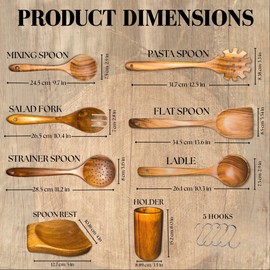 SILIN 8 Pcs Wooden Spoons for Cooking - Wooden Utensils Set for Nonstick Pans &Cookware - Wooden cooking utensils with Rest, Utensil Holder and Hooks - Non Toxic, and Heat Resistant Teak Wooden Spoons