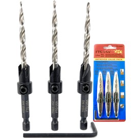 FTG USA 3 Pc #10 (3/16") Adjustable Wood Countersink Drill Bit Set with Tapered Drill Bits for Woodworking
