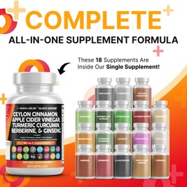 Clean Nutraceuticals Ceylon Cinnamon Capsules + Berberine Turmeric Apple Cider Vinegar Ginseng Bitter Melon Gymnema Milk Thistle Fenugreek Supplement Pills Powder for Men & Women