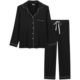 Joyaria Womens Bamboo Viscose Pajams Set Button Down Long Sleeve Pajama/PJ/Sleep Sets with Pants Sleepwear(Black, Small)