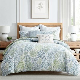 Levtex Home - English Forest Green Comforter Set - King Comforter (106 x 94in.) + Two King Pillow Cases (20 x 36in.) - Leaves - Green, Blue and White - Cotton