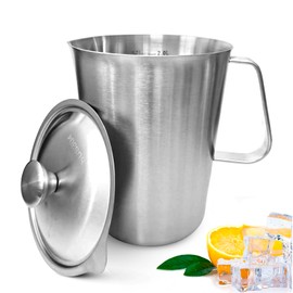 70 oz Stainless Steel Pitcher with Lid, Metal Measuring Cup with Marking with Handle, 2 L Large Mouth Graduated Beakers, Milk Frothing Jug for Espresso Machines, Latte Art, Iced Tea, Hot/Cold Water
