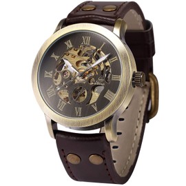 FANMIS Men's Steampunk Bronze Skeleton Self-Winding Automatic Mechanical Brown Leather Wrist Watch