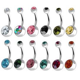 BODYA Lot of 12 Double Jeweled CZ Crystal Gem Belly Button Navel Rings 316L Surgical Steel 14 Gauge (12 Pieces) 14G 7/16"