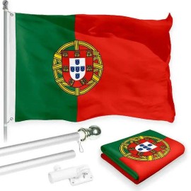 UD_G128 Combo Pack: 6 Feet Tangle Free Spinning Flagpole (Silver) Portugal Portuguese Flag 3x5 ft Printed 150D Brass Grommets (F