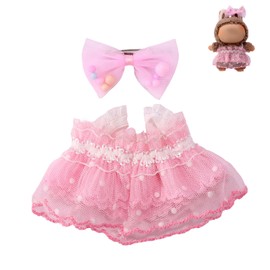 17cm Plush Doll Clothes Set, Pink Kawaii Dress with Bow Hair Clip Cute Outfit for Display Play or Collection Fashion Accessories for Stuffed Dolls & Mini Figures