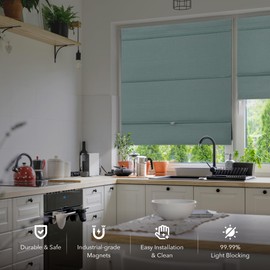 GoDear Design Blackout Magnetic Roman Shades for Windows, No Drill Cordless Blinds for French Doors Front Doors, 35" W x 65" L, Window Curtains & Blinds, Turquoise