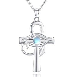 Ankh Chain Eye of Horus Sterling Silver Ankh Cross Necklace with Moonstone Egyptian Jewellery Gifts for Men Women, Sterling Silver, Moonstone