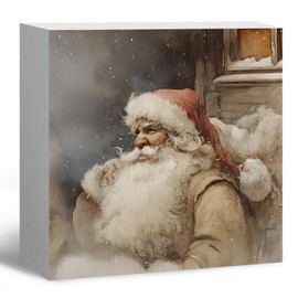 laveliabel Vintage Christmas Santa Wooden Box Sign, Santa Decorations, Christmas Desk Table Shelf Decor, Rustic Retro Xmas Winter Holiday Wood Block Signs for Home Office Decor, 5x5 Inches