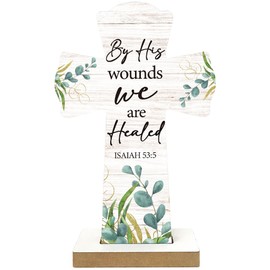 Qswo By His Wounds We are Healed Quote Wooden Crosses,ISAIAH 53:5 Christians Cross Wall Art Decor,Spiritual Religious Cross Desk Decor,Cross Decor for Home Room Church Decoration