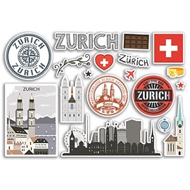 A5 Sticker Sheet Zurich Landmarks Vinyl Stickers - Switzerland Swiss Airport Stamps Skyline Flag Map Travel Holiday Scrapbooking City Luggage #79142