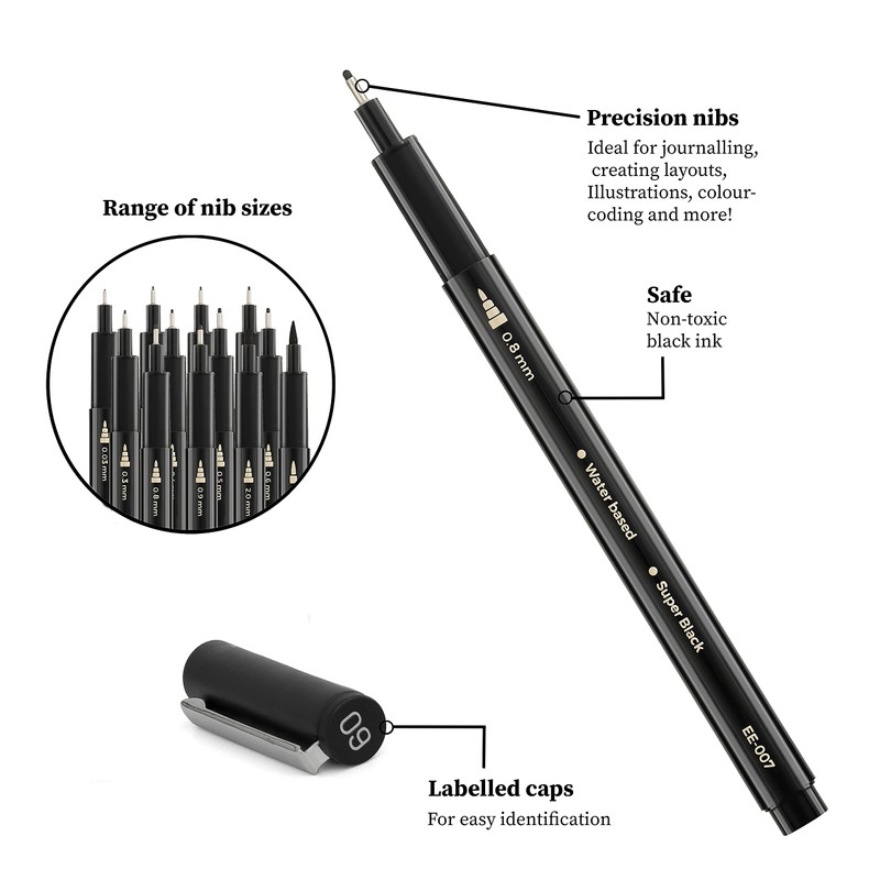 EuroElement Black Fineliner Pens Set Art Supplies 12 Pack Technical