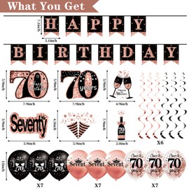 Uiorgui 70th Birthday Decorations for Women: 33pcs Kit with Crown, Sash, Banner, Backdrop, Balloons, Swirls & Fans in Rose Gold & Black