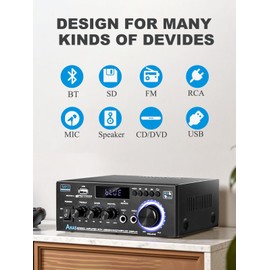 Stereo Home Audio Amplifier Receiver AK45, 400W Bluetooth 5.0 HiFi Stereo Power Amplifier 2.0 Channel RMS 40W x 2 Home Audio System with Remote Control Amp W/MIC,USB,RCA,FM Radio