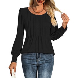 Cuptacc Evening Dresses for Women UK Pleated Crew Neck Ladies Tops Puff Sleeve Longline Tunic Tops for Women UK Causal Black S UK 10