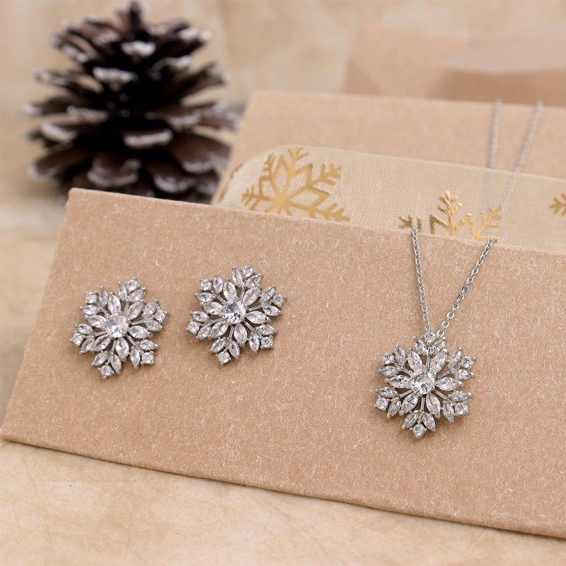 Frigotine Silver Snowflake Stud Earrings Pendent Necklaces Sets for Women,Dainty