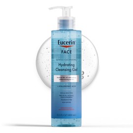 Eucerin Face Gel limpiador hidratante de limpieza suave, lavado facial diario y removedor de maquillaje con ácido hialurónico, botella de 13.5 onzas  