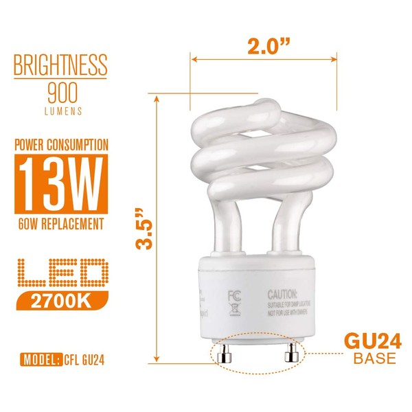 SleekLighting 13Watt T2 Spiral CFL GU24 Light Bulb Base 2700K 900lm -UL approved,Compact Fluorescent -Warm White Light 4pack