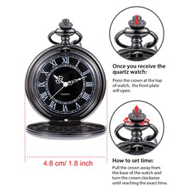 Quartz Pocket Watch for Men with Black Dial and Chain (Black)