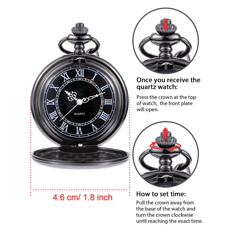 Quartz Pocket Watch for Men with Black Dial and Chain