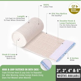 GT Soft | Sin látex | Vendaje elástico de algodón orgánico de Estados Unidos | Juego de dos envolturas de 4 pulgadas y dos de 3 pulgadas | Lavable reu