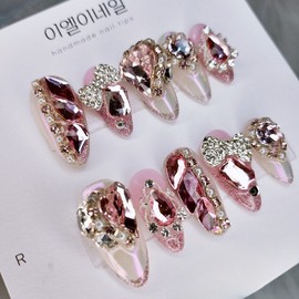 [Premium Nails] Lovely Pink Stone Handmade Nail Tips - Oval / [프리미엄네일] 러블리 핑크스톤 수제네일팁 - 오벌