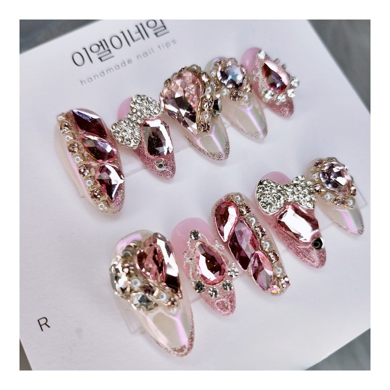 [Premium Nails] Lovely Pink Stone Handmade Nail Tips - Oval