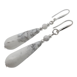 THEPRETTYBITS White Howlite Teardrop Earrings, Beaded Natural Gemstone, Long Dangle Drop, Sterling Silver Hooks, Handmade Boho Chic Crystal Chakra Statement