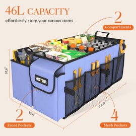 HOTOR Large-Capacity Trunk Organizer - Foldable for SUVs & Sedans, Sturdy Organization for Car Accessories, Tools, Sundries, Blue, 2 Compartments, US11032